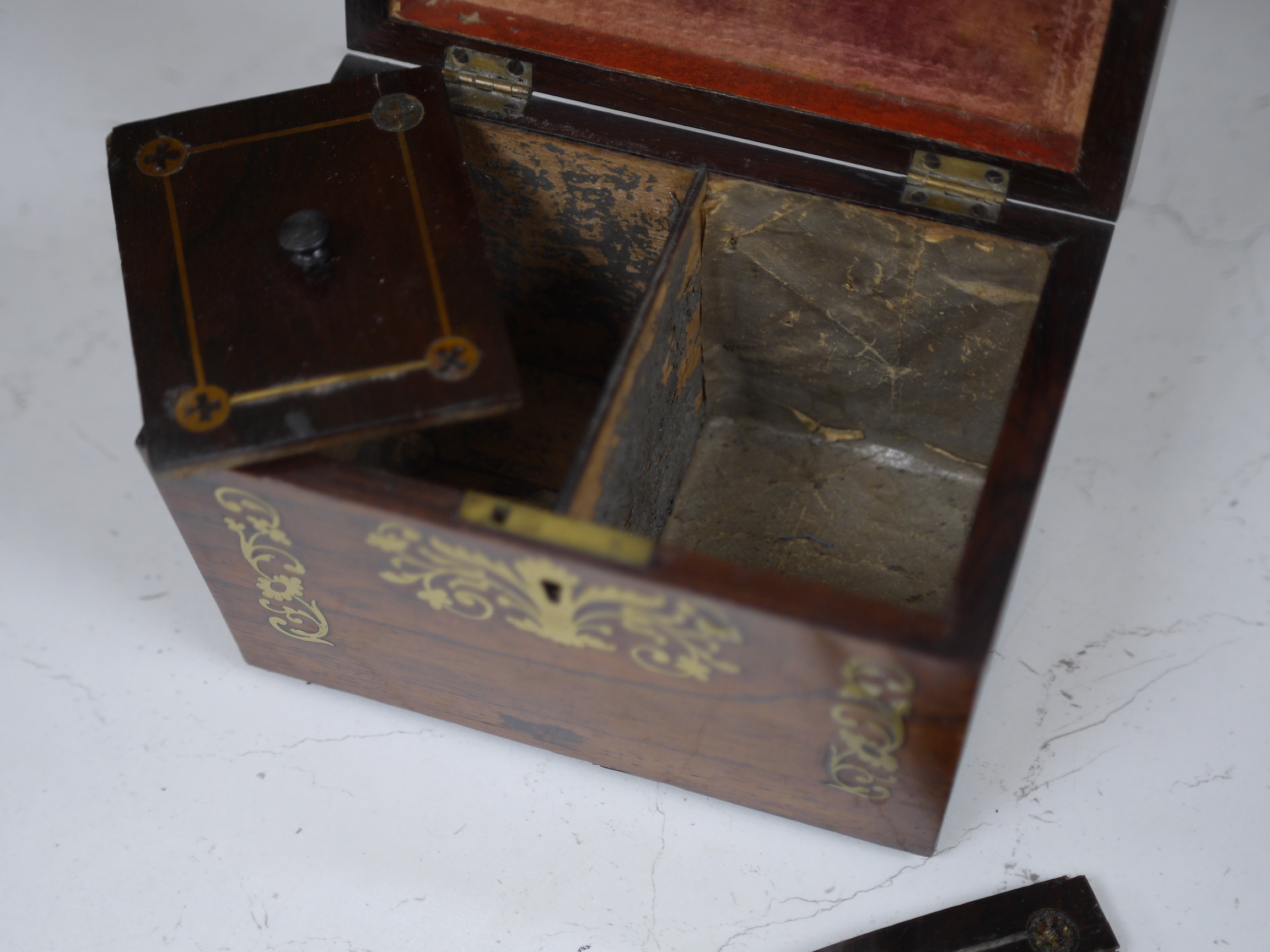 A Regency cut brass inlaid tea caddy, 15cm high. Condition - fair to good